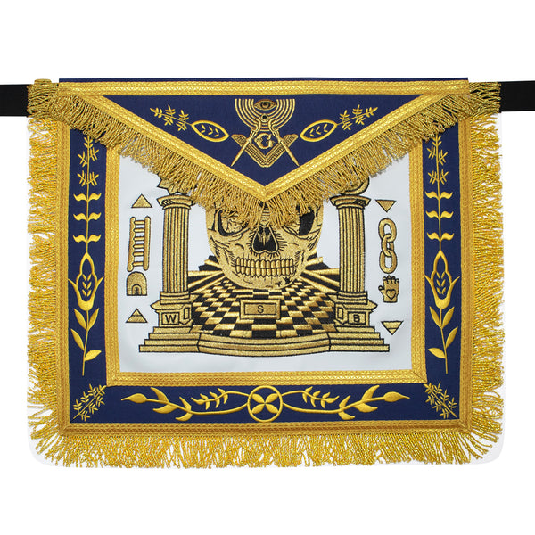 Masonic Master Mason Custom Apron With Skull, Pillars and Carpet – Navy Blue Ribbon