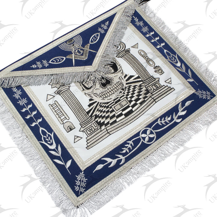 Masonic Master Mason Custom Apron With Skull, Pillars and Carpet – Navy Blue Ribbon