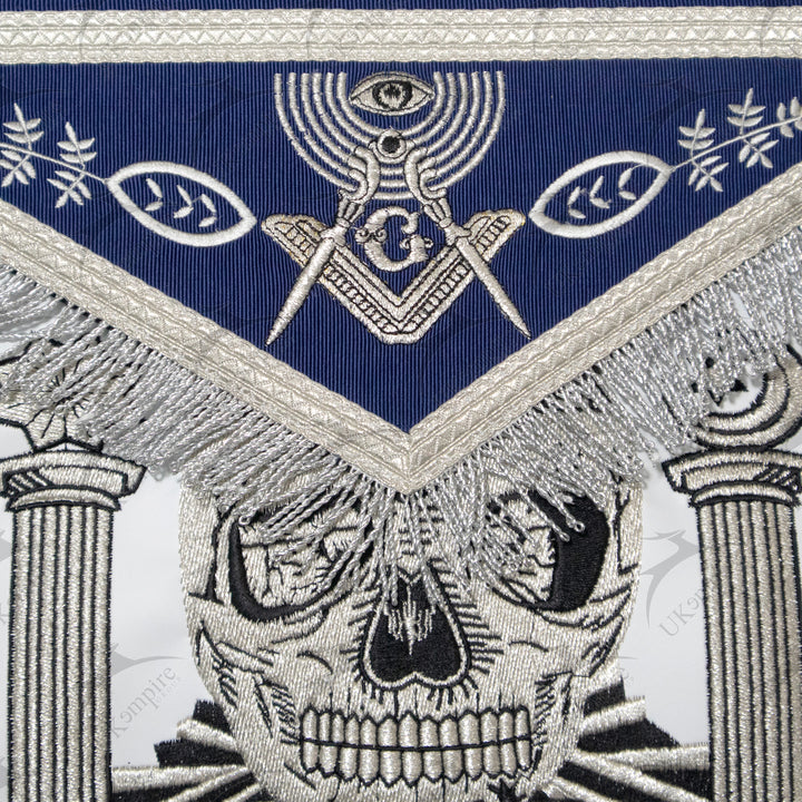 Masonic Master Mason Custom Apron With Skull, Pillars and Carpet – Navy Blue Ribbon