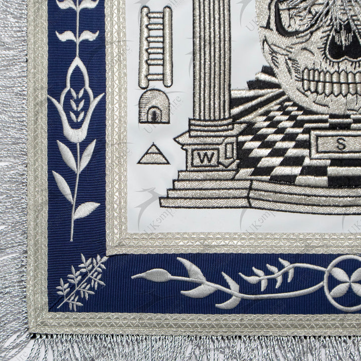 Masonic Master Mason Custom Apron With Skull, Pillars and Carpet – Navy Blue Ribbon