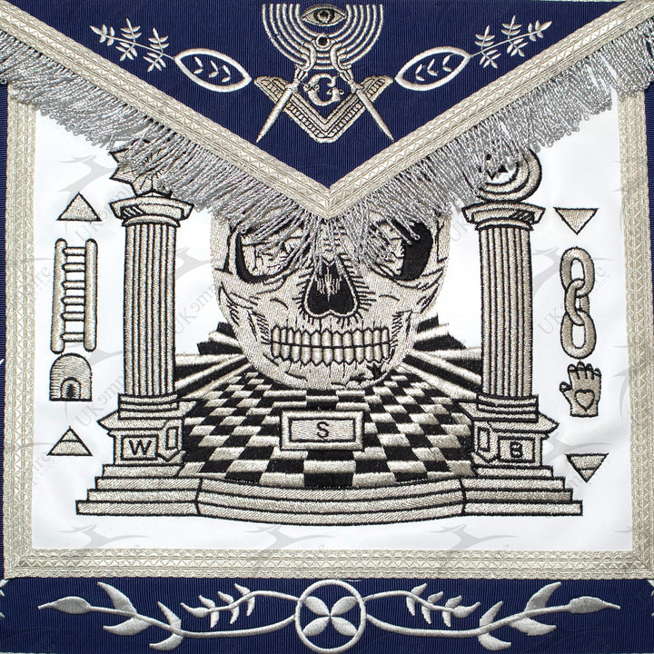 Masonic Master Mason Custom Apron With Skull, Pillars and Carpet – Navy Blue Ribbon