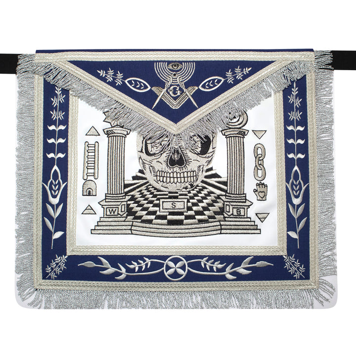 Masonic Master Mason Custom Apron With Skull, Pillars and Carpet – Navy Blue Ribbon