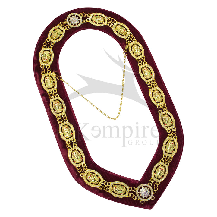 Masonic Shriners Chain Collar Gold Plated Rhinestones Maroon Velvet