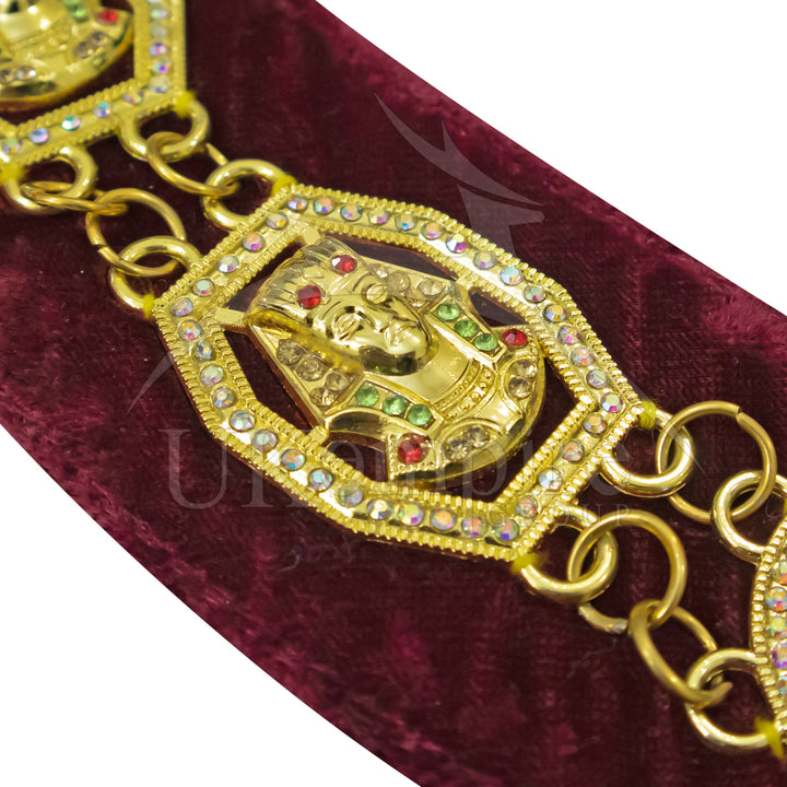 Masonic Shriners Chain Collar Gold Plated Rhinestones Maroon Velvet