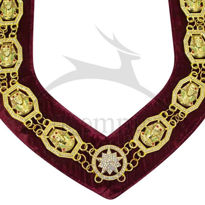 Masonic Shriners Chain Collar Gold Plated Rhinestones Maroon Velvet