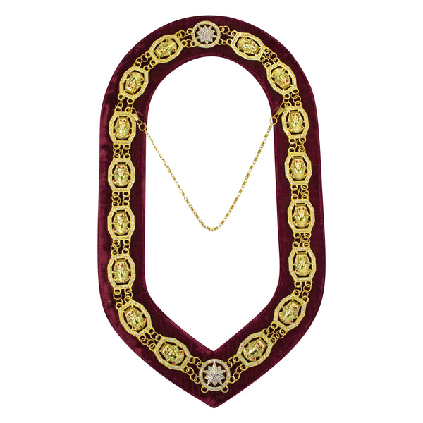 Masonic Shriners Chain Collar Gold Plated Rhinestones Maroon Velvet