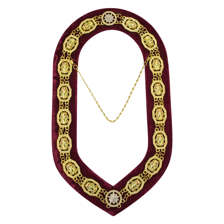 Masonic Shriners Chain Collar Gold Plated Rhinestones Maroon Velvet