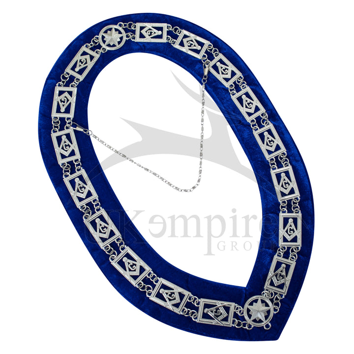 Masonic Blue Lodge Square Compass G Chain Collar Blue Velvet Silver