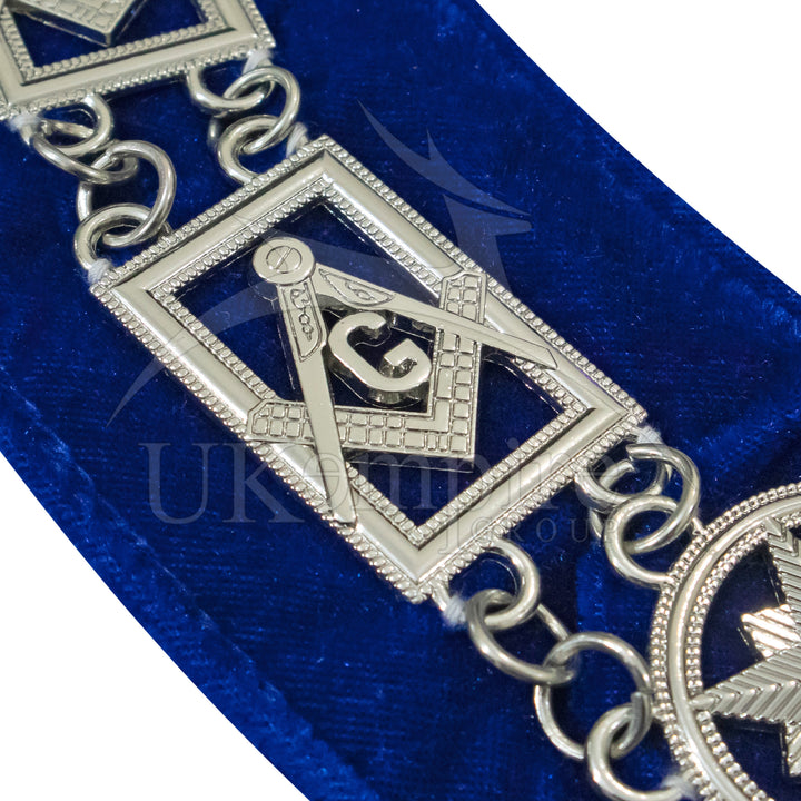 Masonic Blue Lodge Square Compass G Chain Collar Blue Velvet Silver