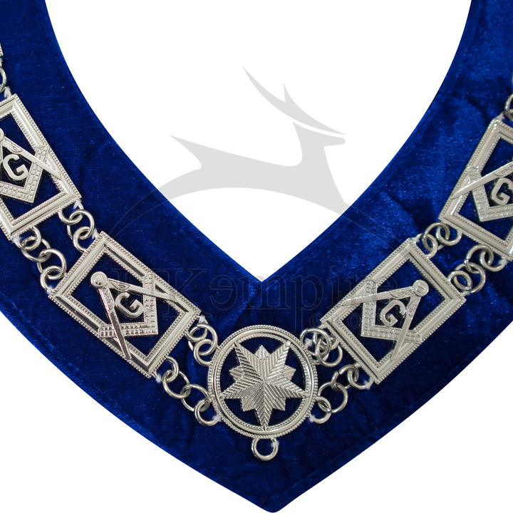 Masonic Blue Lodge Square Compass G Chain Collar Blue Velvet Silver