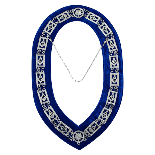 Masonic Blue Lodge Square Compass G Chain Collar Blue Velvet Silver