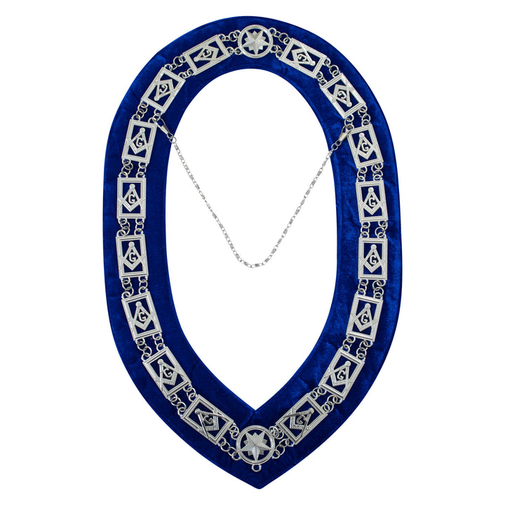 Masonic Blue Lodge Square Compass G Chain Collar Blue Velvet Silver