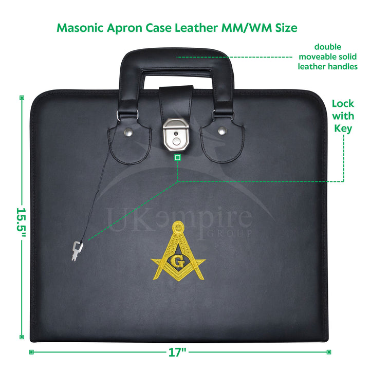 Masonic Master Mason Apron Case Black Leather Double Handle – Gold Embroidery
