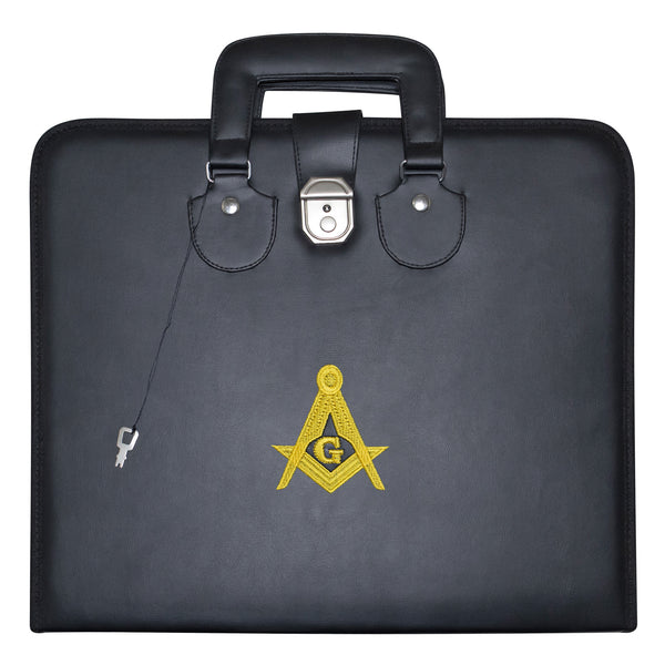 Masonic Master Mason Apron Case Black Leather Double Handle – Gold Embroidery