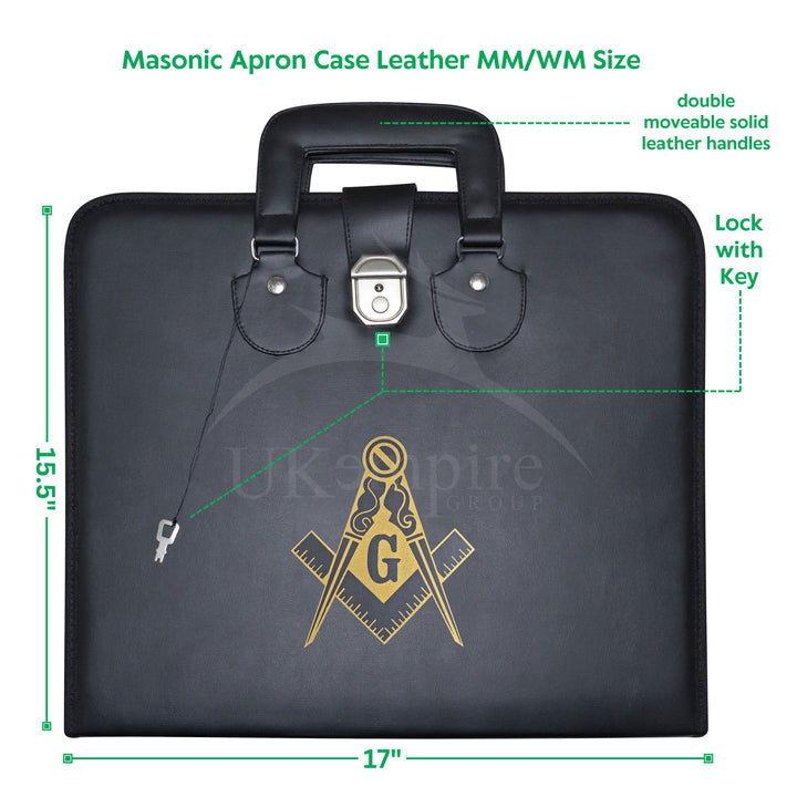 Masonic Master Mason Apron Case Black Leather Double Handle – Gold Printed