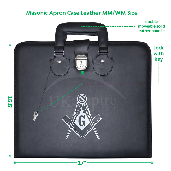 Masonic Master Mason Apron Case Black Leather Double Handle – Silver Printed