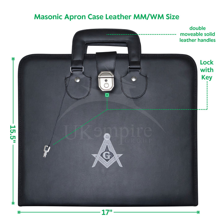 Masonic Master Mason Apron Case Black Leather Double Handle – Silver Embroidery