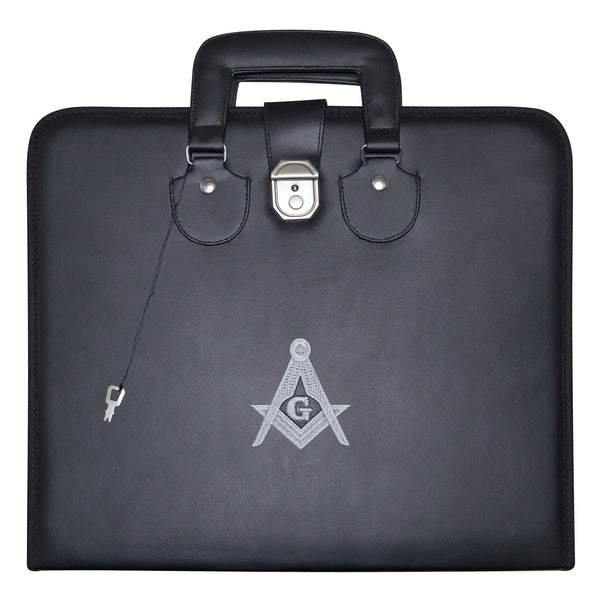 Masonic Master Mason Apron Case Black Leather Double Handle – Silver Embroidery