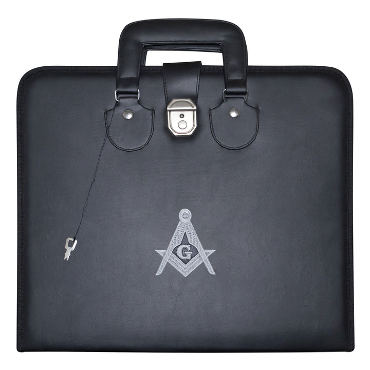 Masonic Master Mason Apron Case Black Leather Double Handle – Silver Embroidery