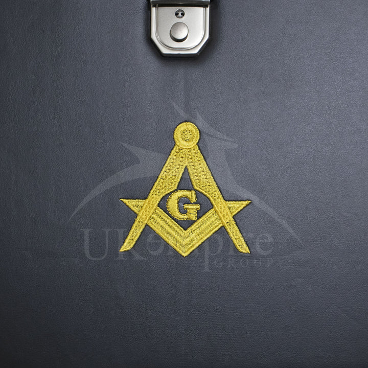 Masonic Master Mason Apron Collar Case Black Leather Double Handle – Gold Embroidery