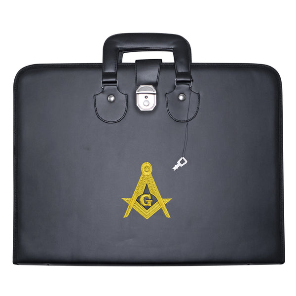 Masonic Master Mason Apron Collar Case Black Leather Double Handle – Gold Embroidery