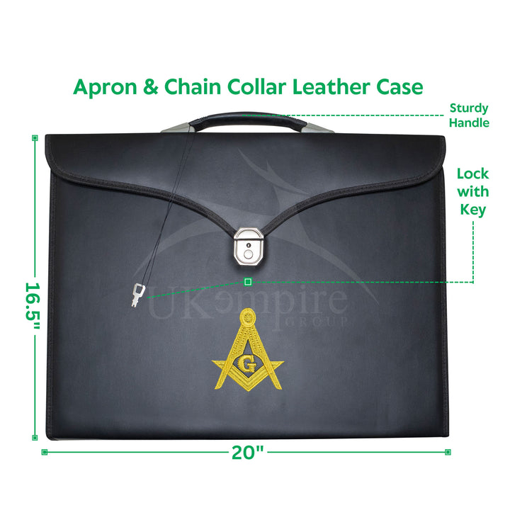 Masonic Master Mason Apron & Collar Case Black Leather Single Handle – Gold Embroidery