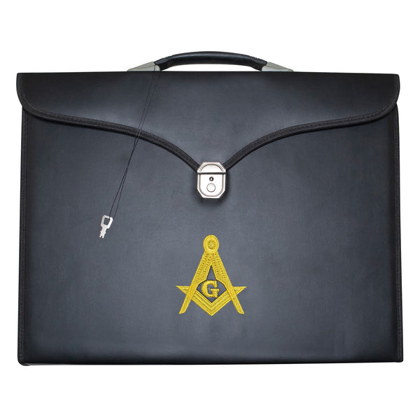 Masonic Master Mason Apron & Collar Case Black Leather Single Handle – Gold Embroidery