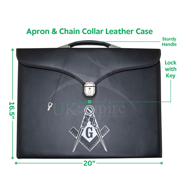 Masonic Master Mason Apron Collar Case Black Leather Single Handle – Silver Printed