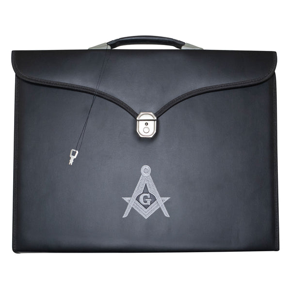 Masonic Master Mason Apron & Collar Case Black Leather Single Handle – Silver Embroidery