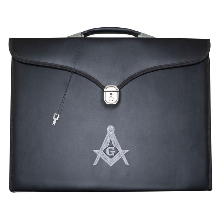 Masonic Master Mason Apron & Collar Case Black Leather Single Handle – Silver Embroidery