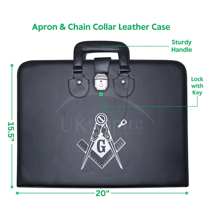 Masonic Master Mason Apron Collar Case Black Leather Double Handle – Silver Printed