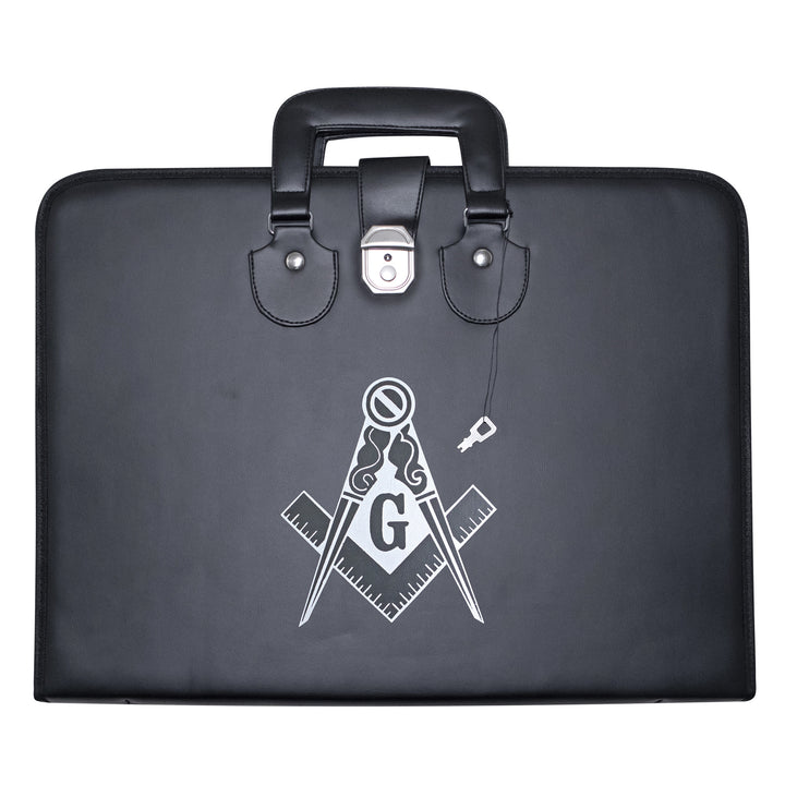 Masonic Master Mason Apron Collar Case Black Leather Double Handle – Silver Printed