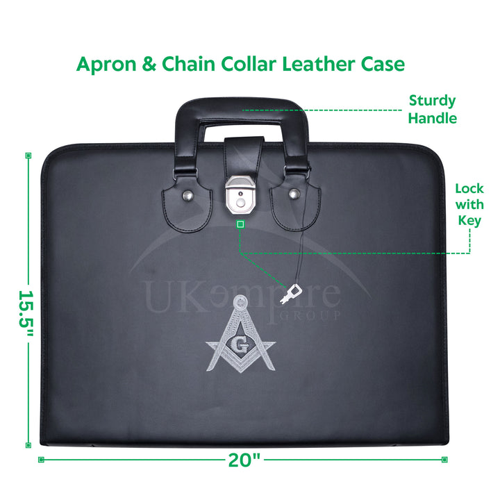 Masonic Master Mason Apron Collar Case Black Leather Double Handle – Silver Embroidery