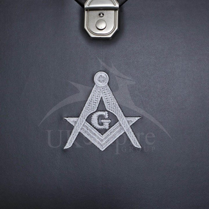Masonic Master Mason Apron Collar Case Black Leather Double Handle – Silver Embroidery