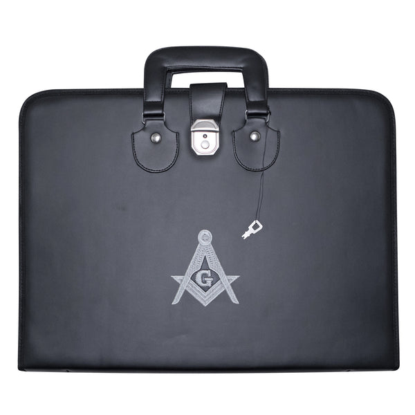 Masonic Master Mason Apron Collar Case Black Leather Double Handle – Silver Embroidery