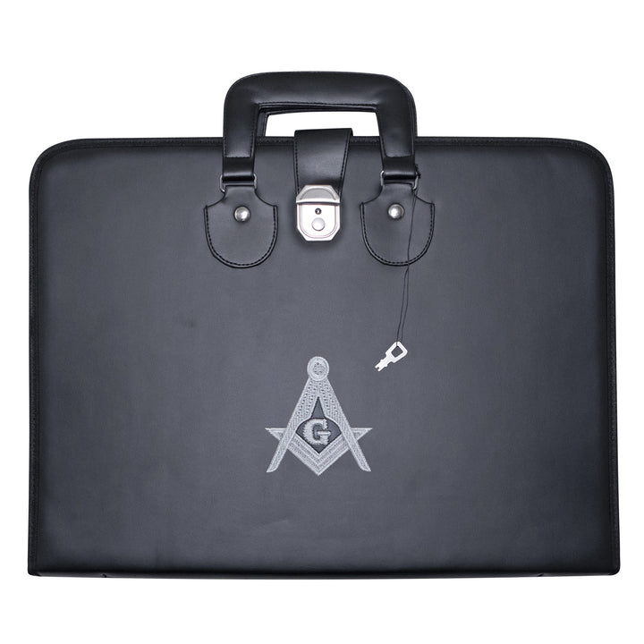 Masonic Master Mason Apron Collar Case Black Leather Double Handle – Silver Embroidery