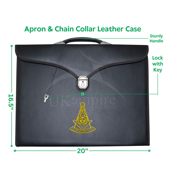 Masonic Past Master Apron & Collar Case Black Leather Single Handle – Gold Embroidery