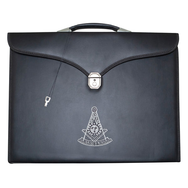 Masonic Past Master Apron & Collar Case Black Leather Single Handle – Silver Embroidery