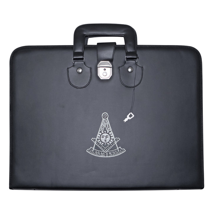 Masonic Past Master Apron Collar Case Black Leather Double Handle – Silver Embroidery