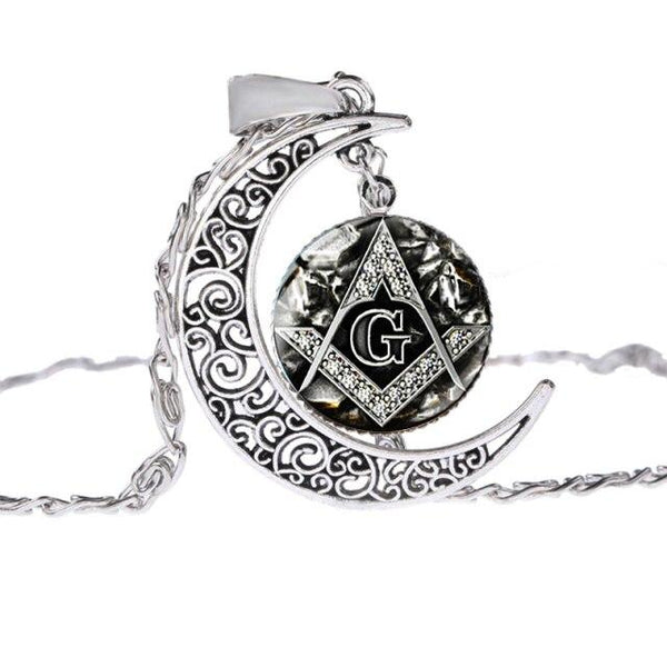 Master Mason Blue Lodge Necklace - Black & Silver Moon Shaped