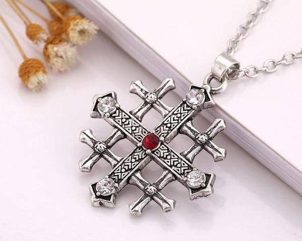 Knights Templar Commandery Necklace - Jerusalem Cross Medieval Red Crystal