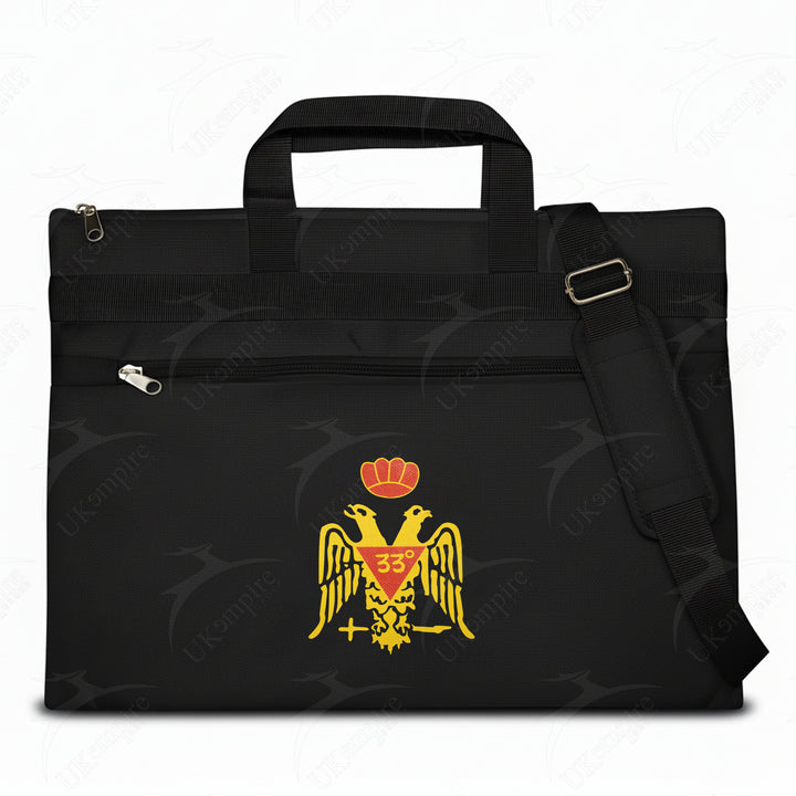 Masonic Scottish Rite 33rd Degree Crown Double Eagle Wings Down Black Tote Bag Gold Printed with Hand & Shoulder Carry