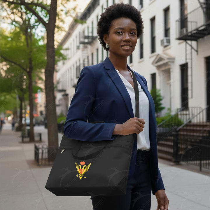 Masonic Scottish Rite 33rd Degree Crown Double Eagle Wings Up Black Tote Bag Gold Printed with Hand & Shoulder Carry