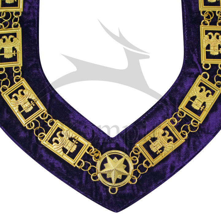 Scottish Rite 33rd Degree Chain Collar Double Eagles (Wings Down) Purple Velvet