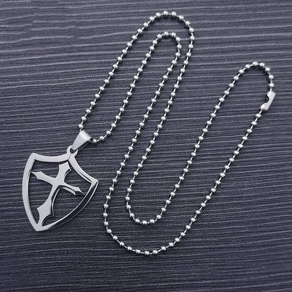 Knights Templar Commandery Necklace - Silver Stainless Steel Cross Shield